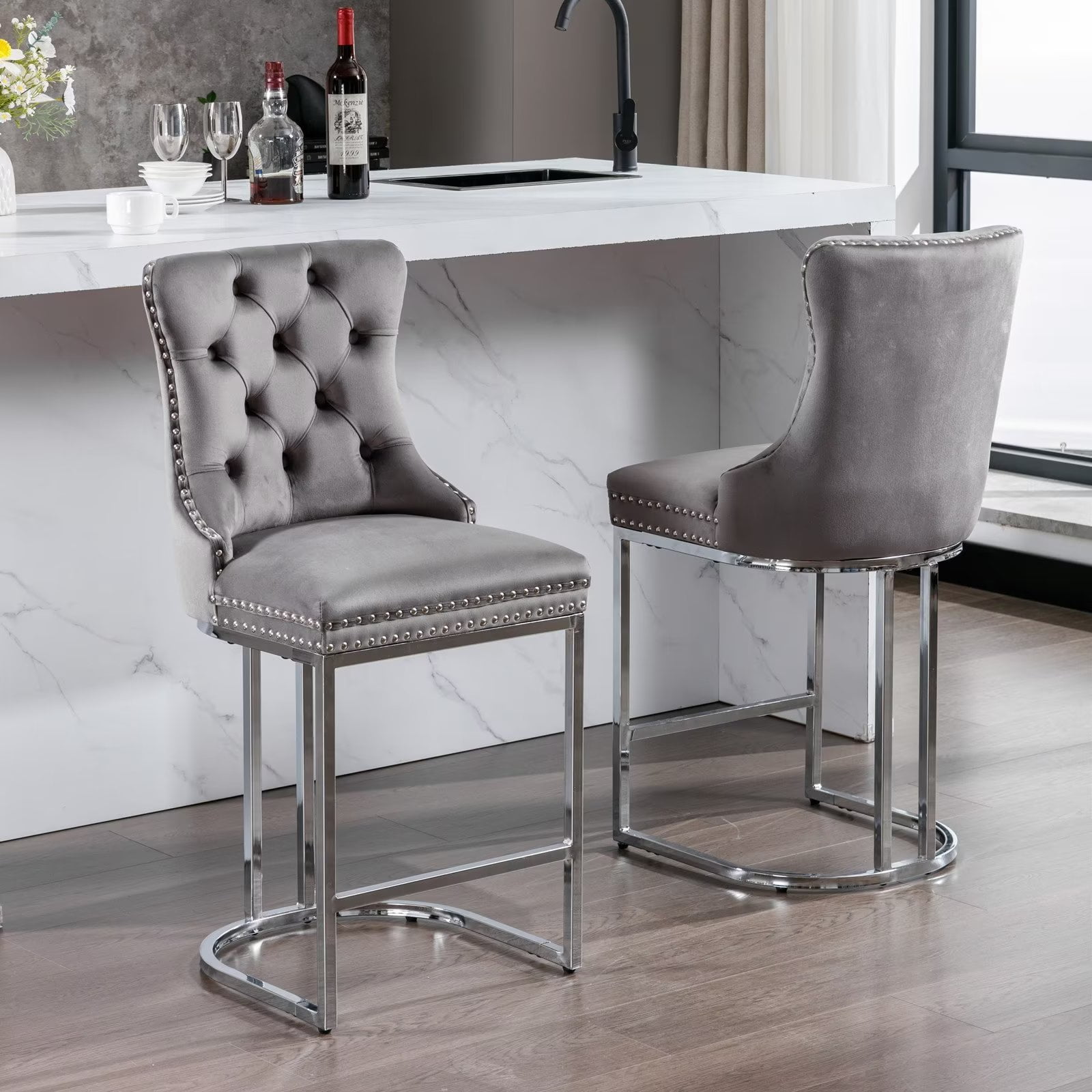 Gray studded bar stools discount