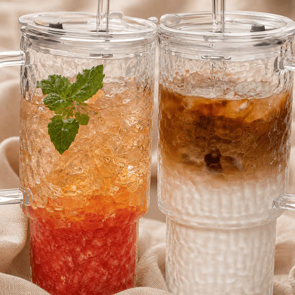 26oz Water Ripple Glass Tumbler with Handle Lid Straw Set of 2