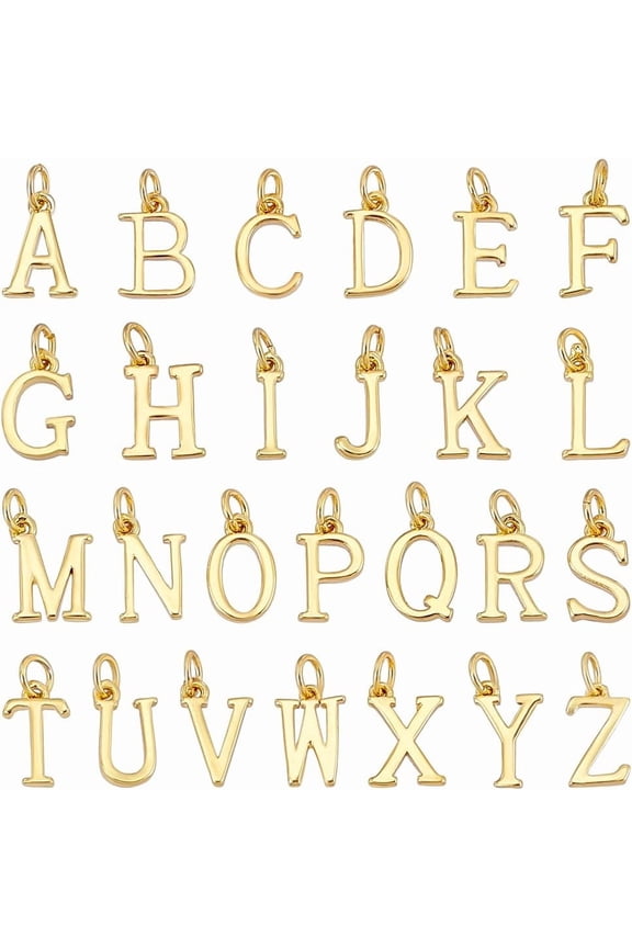 26pcs 14k Gold Plated Letter Charms A-Z Alphabet Letters Pendants 10mm Initial Alphabet Pendant A-Z Alphabet Charms Pendant Beads for Jewelry Making Bracelets Necklace Keychain