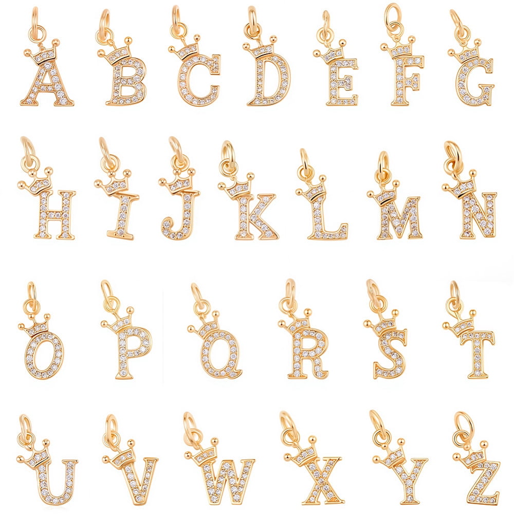 26pcs 26 Styles Brass Charms Letter with Crwon with Rhinestone Letter A ...