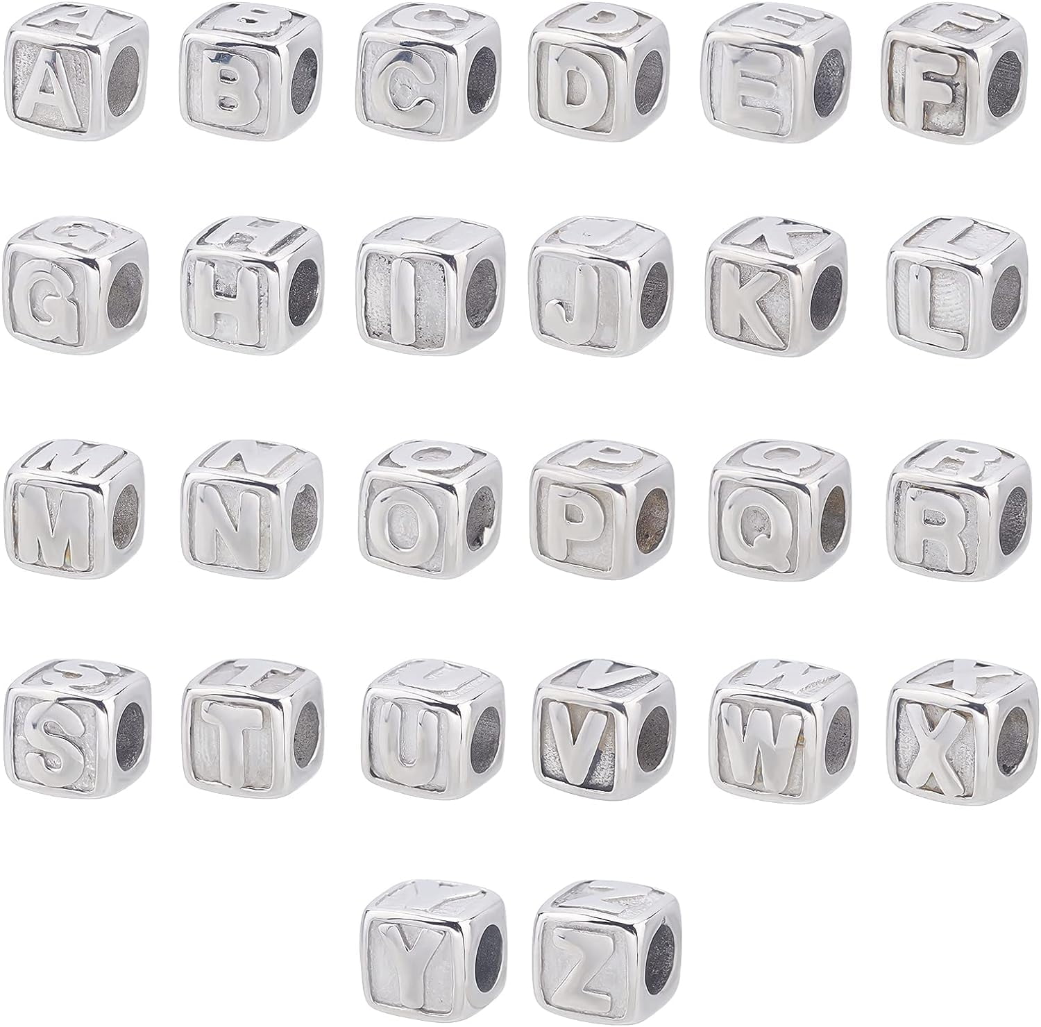 26pcs 8mm Cube Bead with Letter A-Z Spacer Beads Stainless Steel European Beads 4mm Large Hole Metal Stopper Beads for Jewelry Making