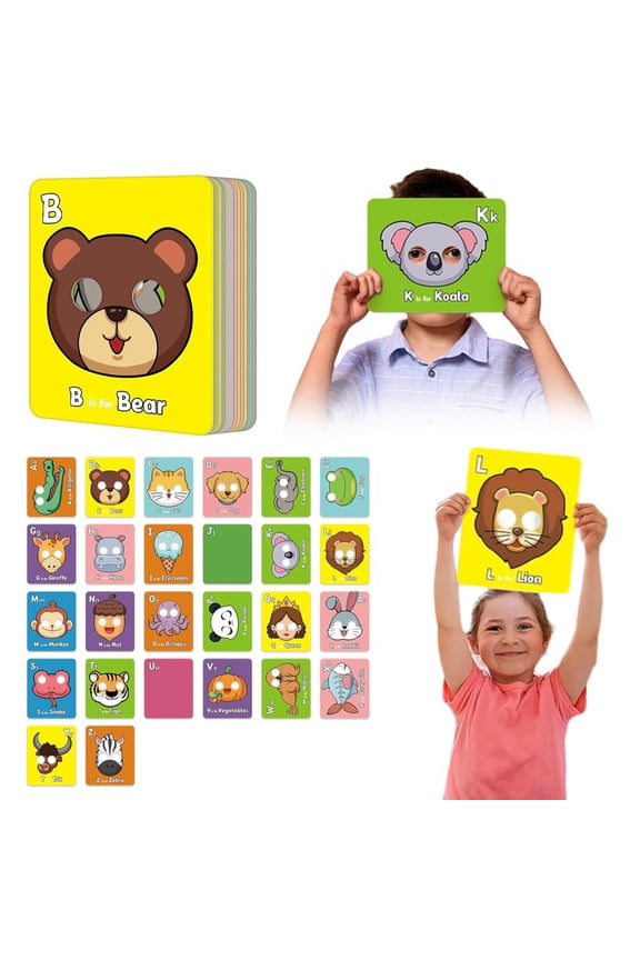 26pcs Alphabet ABC Flash Cards with Animal Masks, Colorful Alphabet Mask Cards, Cards,Interactive Educatio Flash Educational