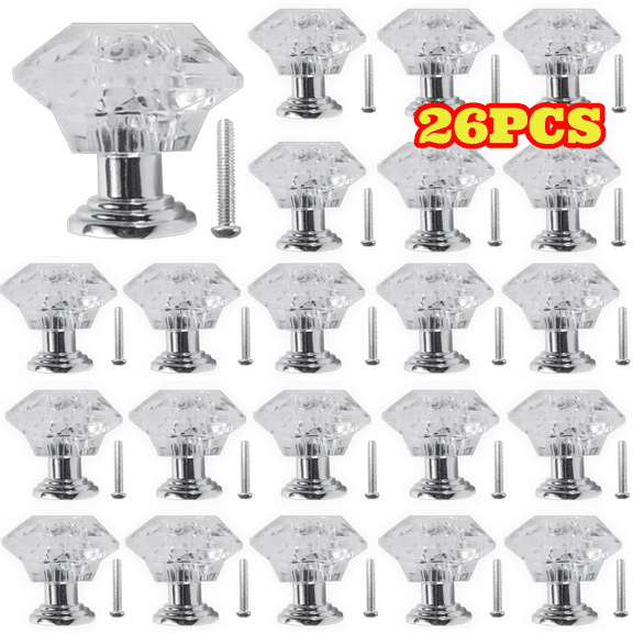 26pcs Clear Dresser Knobs, 24 mm Acrylic Diamond Knobs for Dressers Cabinet Cupboard Drawer Pulls