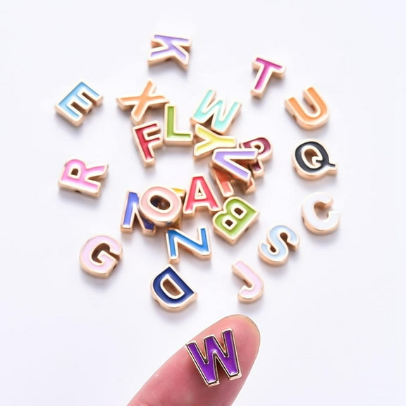 26pcs Enamel Letter Beads 10x8mm Alloy Capital Alphabet Loose Beads A-Z Beads with Light Gold Edge Initial Letter Spacer Beads for DIY Bracelet Necklace Earring Craft Making Hole: 1.4mm