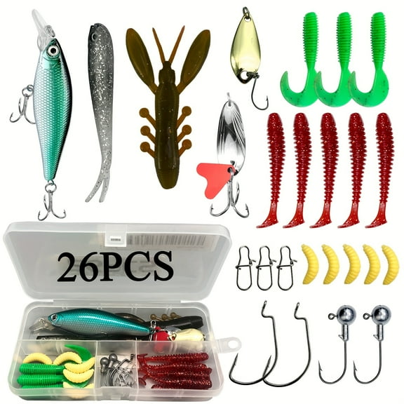 26pcs Fishing Lures Jigs Kit For Topwater, Bait Rigs Tackle Kit For Bass Trout Salmon, Fishing Accessories, Tackle Box, Including Minnow VIB Popper Spoon Lures Soft Plastic Worms Jig