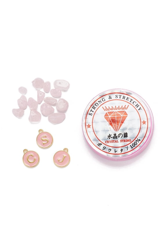 26pcs Flat Round Initial Letter A-Z Alphabet Enamel Charms 20G Natural Rose Quartz Chip Beads and Elastic Thread for DIY Jewelry Making Kits