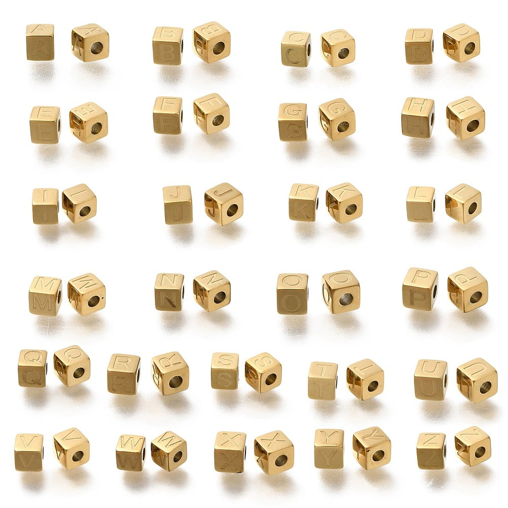 26pcs Ion Plating(IP) 304 Stainless Steel Beads Cube with Letter A~Z Real 14K golden Plated 5x5x5mm Hole: 2mm