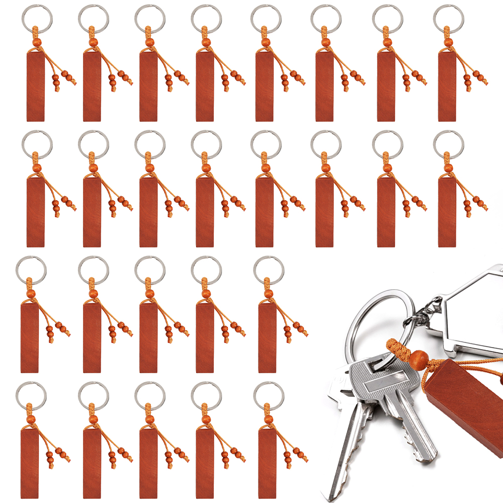 26pcs Iron Key Ring Keychain with Peach Wood and Polyester Cord Saddle Brown 11cm