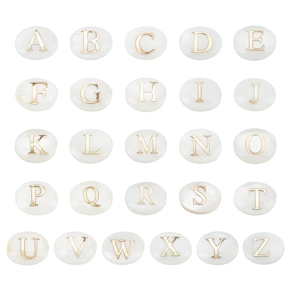 26pcs Oval Shell Beads 8x6.5mm Alphabet A-Z Letter Beads Natural Freshwater Shell Spacer Bead Gold Initial Letter Bead for Boho DIY Bracelet Necklace Earring Jewelry Making Craft White DIY