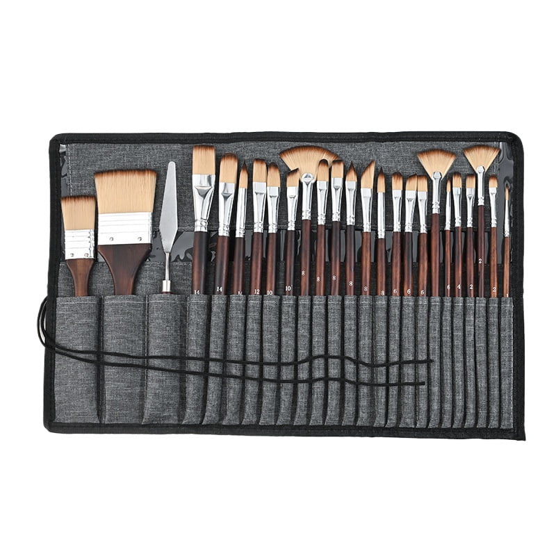 26pcs Paint Brush Set, Travel Watercolor Acrylic Paint Brushes with Flat, Filbert, Fan, Dagger, Round, Palette Knife, Professional Paintbrush Kit for Artist, Oil, Face Painting