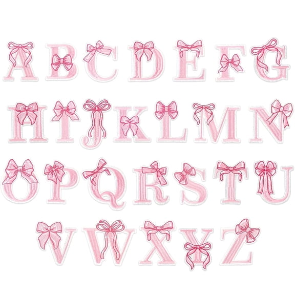26pcs Pink Bow Embroidery Iron-On Letter Patches, Alphabet A-Z Patches for Clothes, DIY Crafts, T-Shirts, Backpacks, Jackets, Accessories, Sew or Iron On Patches, Cute Embroidery Appliques