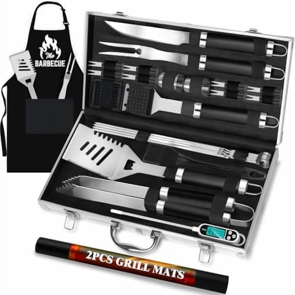 26pcs Stainless Steel Grill Tool Set, Heavy Duty BBQ Grilling Accessories Gifts for Men Dad, Non-Slip Grill Utensils Kit with Apron, Thermometer, Mats in Aluminum Case for Christmas Black