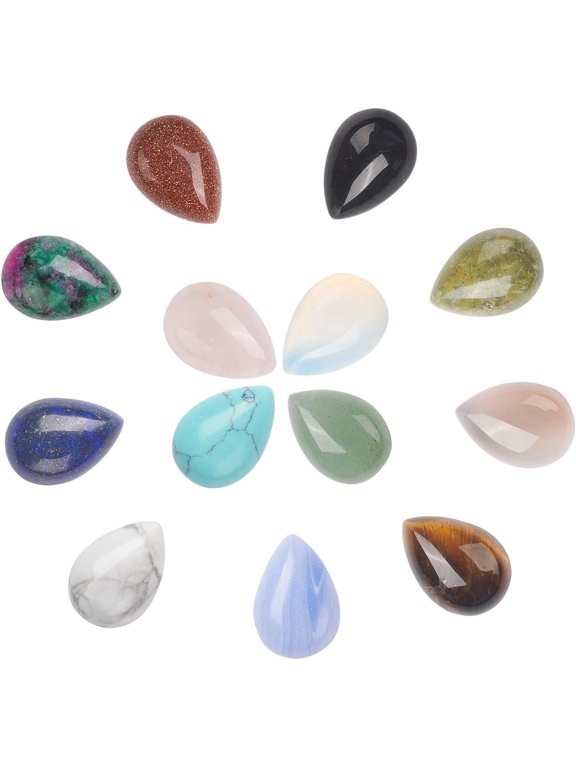 26pcs Teardrop Stone Cabochons 13 Colors Flat Stone Cabochons Natural Lazuli Rose Quartz Gemstone Gems Drop Crystal Cabochons for Earring Necklace Bracelet Jewelry Making 10x14mm DIY