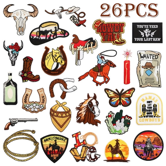 26pcs Vintage Western Embroidered Iron On Patches, Cowboy Sew On Applique Patches for Jackets Backpacks Clothing Jeans Pants Dress Backpack Decorations