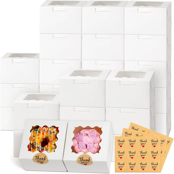 26 Pcs White Cookie Boxes 4x4x2.5 inch with Window, Bakery Packaging for Mini Cakes Donuts Macarons with 36 Stickers