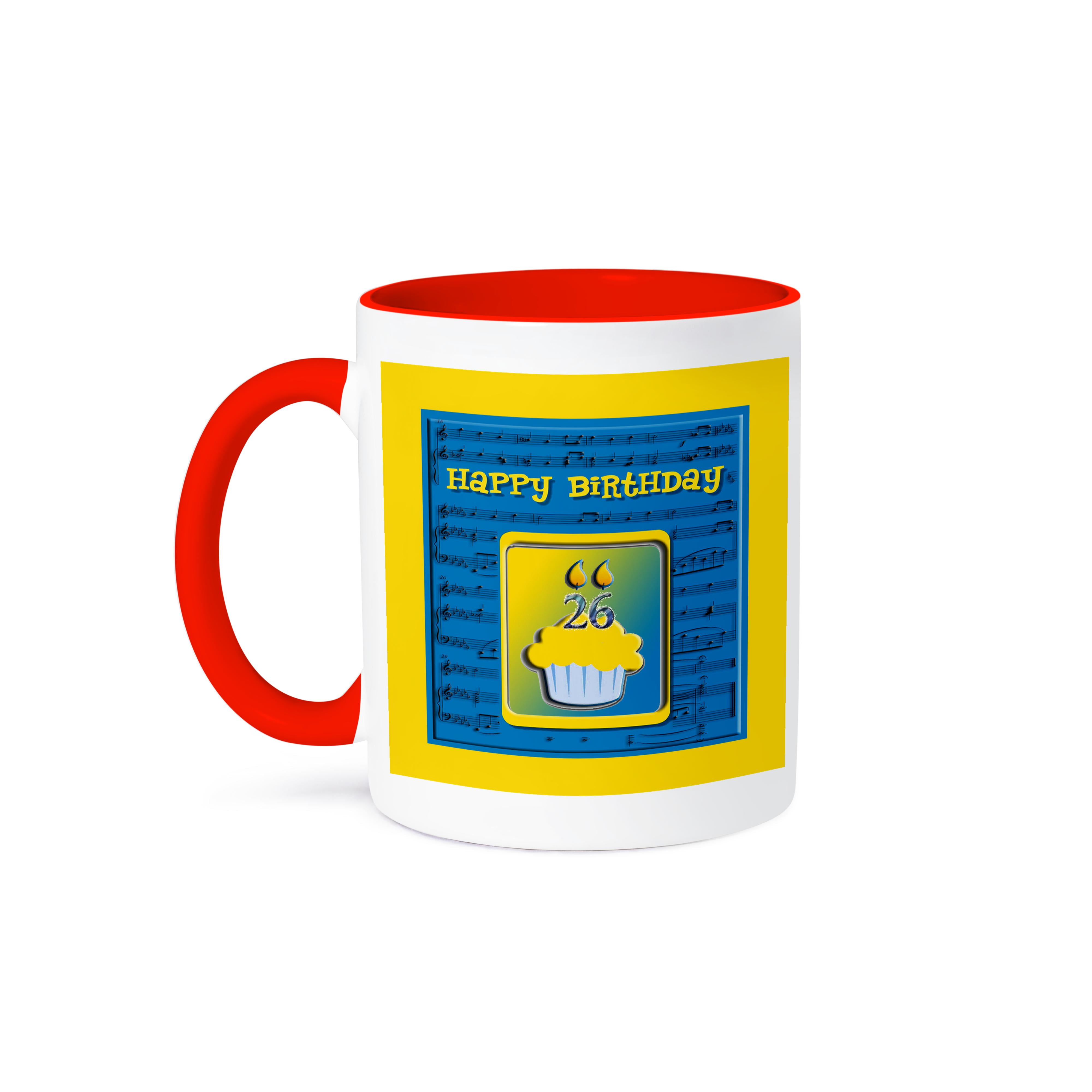 3dRose, 26th Birthday Cupcake on Music Notes, Blue and Yellow, 11oz Two ...