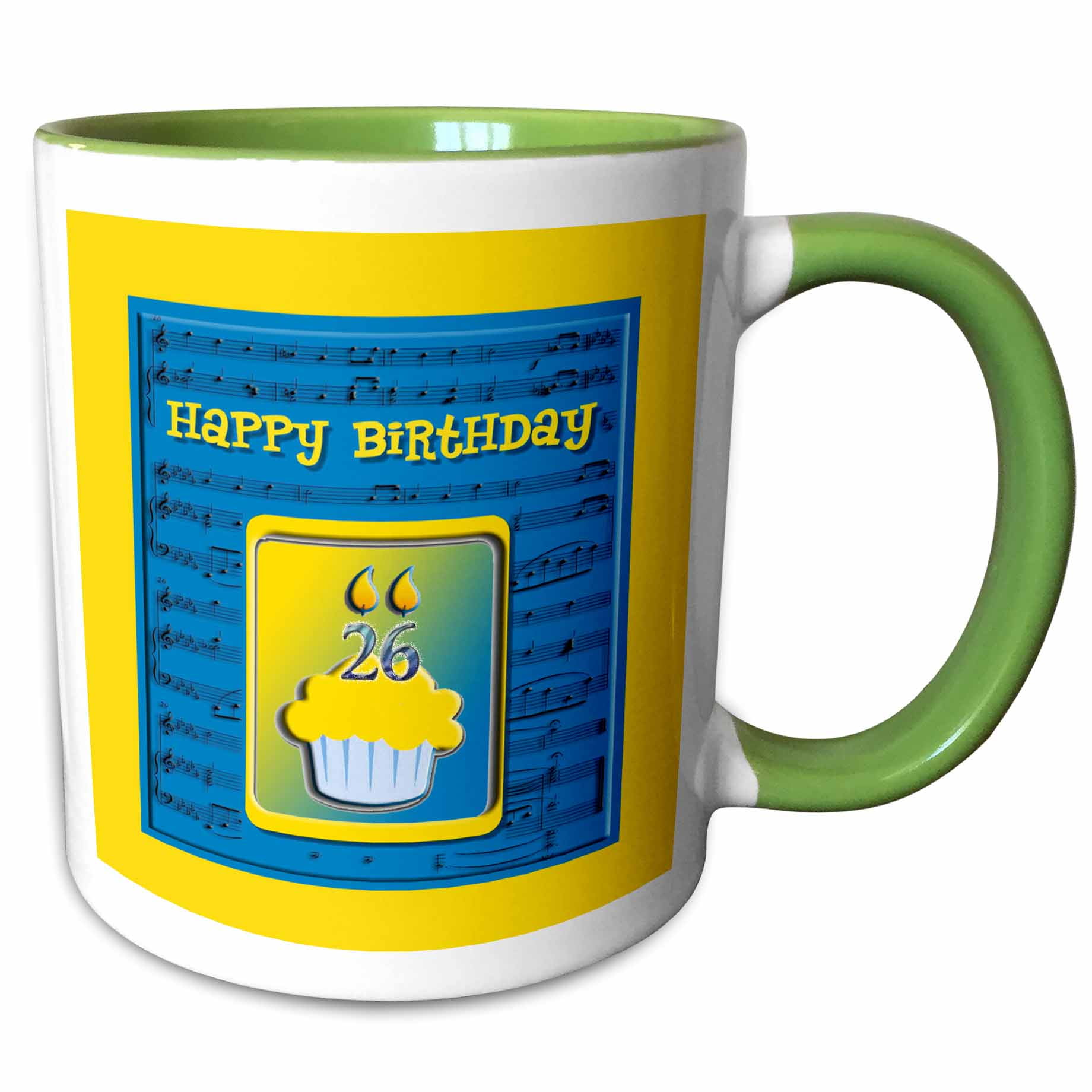 26th Birthday Cupcake on Music Notes, Blue and Yellow 15oz Two-Tone ...