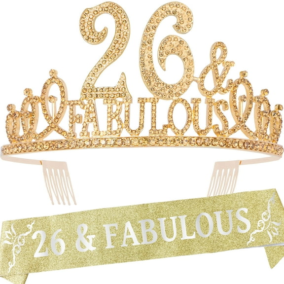 26th Birthday Sash and Tiara for Women - Fabulous Set: Glitter Sash + Fabulous Rhinestone Gold Premium Metal Tiara for Women, 26th Birthday Gifts for 26th Birthday Party