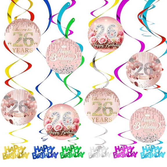 26th Rose Gold Glitter Theme Party Decorations Hanging Swirl Sign Whirls Birthday Streamer Ceiling Decor Supplies 14 pcs