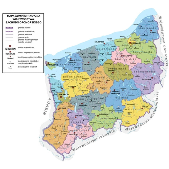 26x24in West Pomeranian Voivodeship administrative map. northwestern Poland 【Coated Paper】