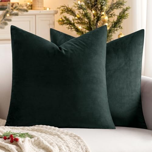 26x26 Inch Euro Sham Velvet Pillow Covers, Set of 2 Large Square Christmas Decorative Pillows -Army Green Super Soft for King Bed, Sofa, Couch, Accent Chairs