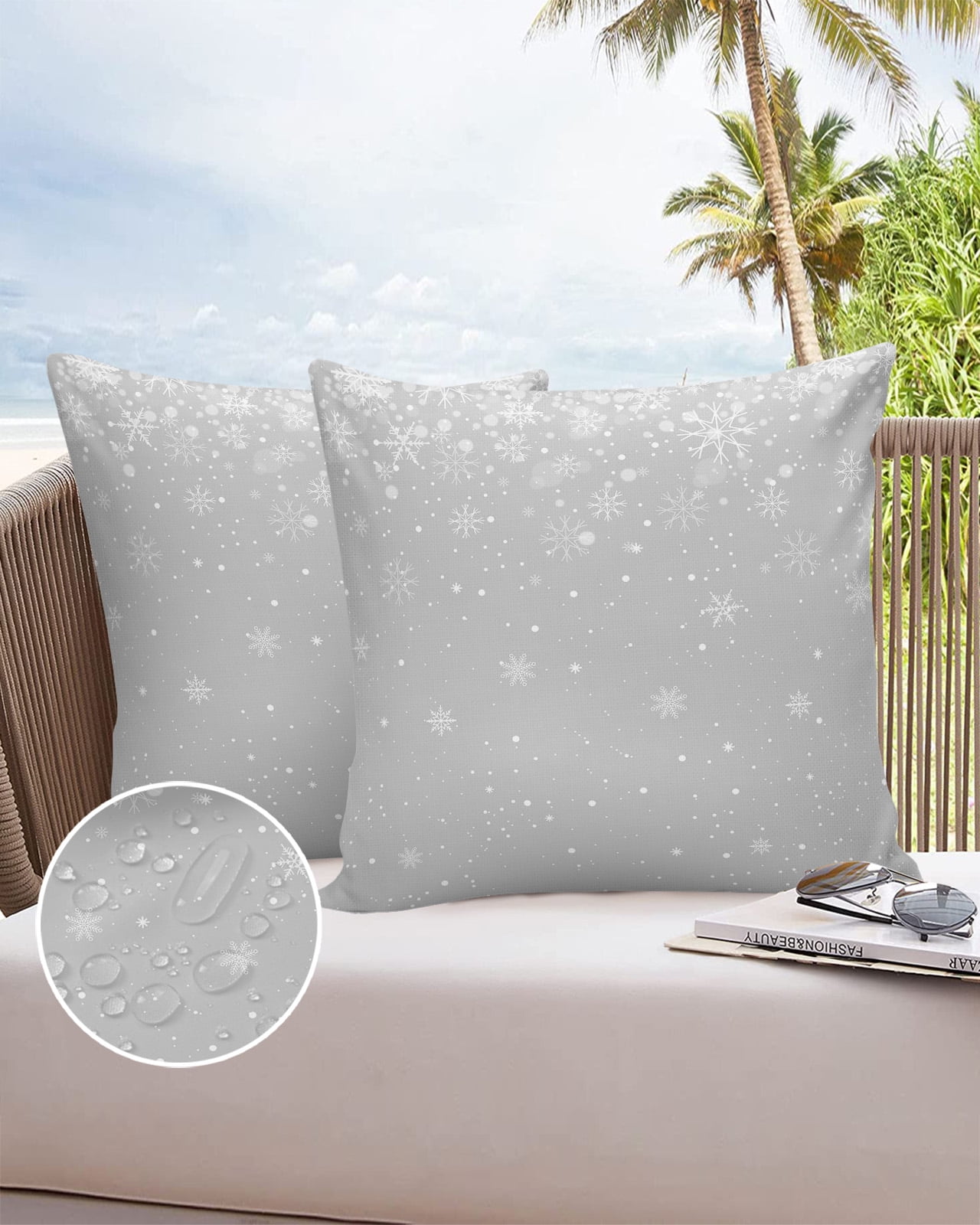 26x26 Outdoor Pillow Covers Set of 2 Grey Snowflake Christmas Outdoor