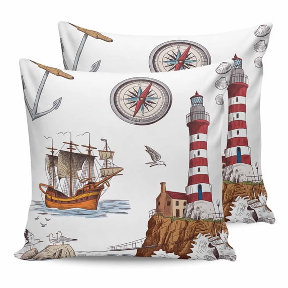 26x26 Pillow Covers Set of 2, Nautical Lighthouses Throw Pillow Covers Decorative Couch Cushion Case, Ocean Ship Anchors Seashells Birds Microfiber Square Pillowcases for Bedroom Car Living Room