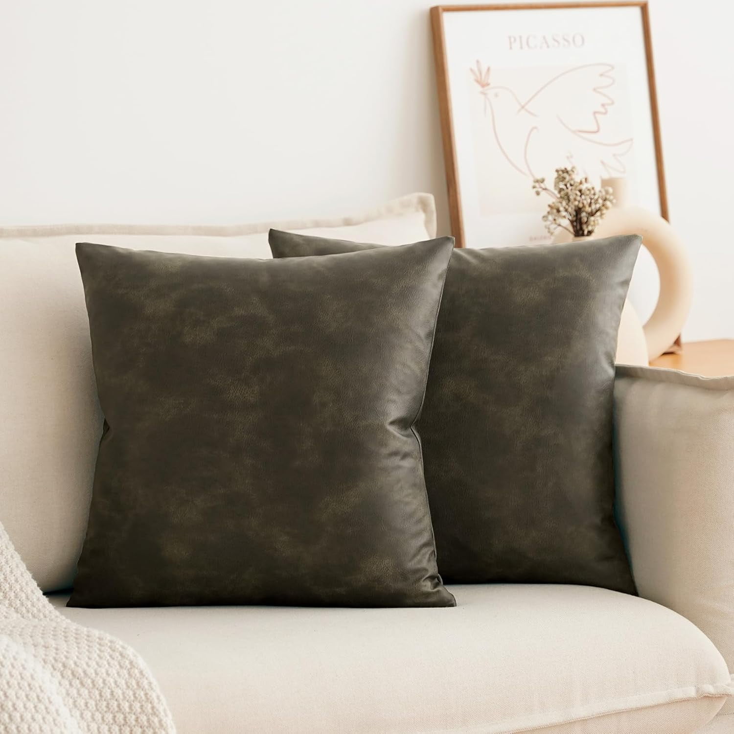 26x26 inch Faux Leather Throw Pillow Covers, Set of 2 Brown large Thick