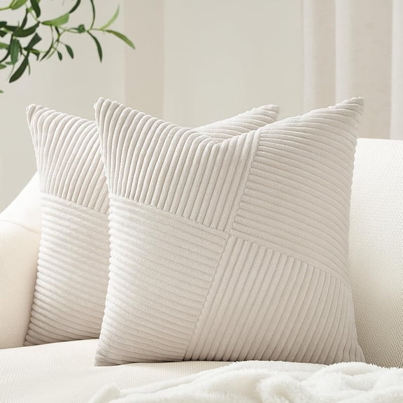 26x26 inches Euro Pillow Covers Set of 2 Cream White Corduroy Decorative Throw Pillow Covers for Bedroom Living Room, Windmill Textured Striped Patchwork Couch Pillow Covers 65x65 cm