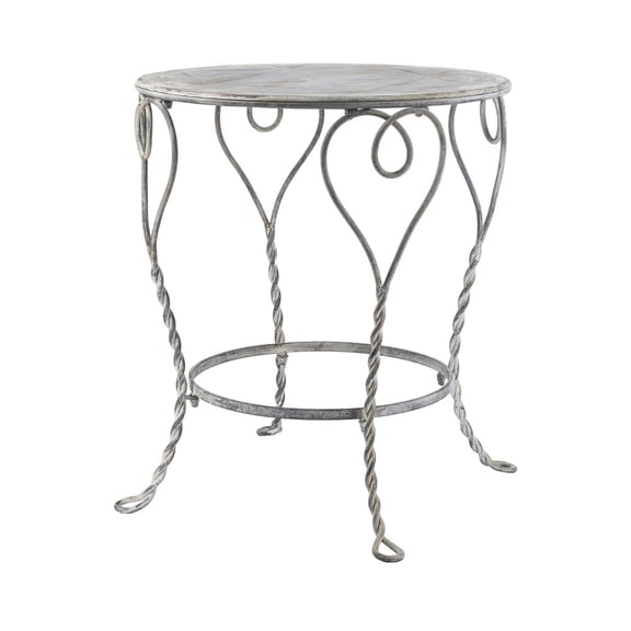 26x26x30" Heart Iron Round Side Table, Distressed Silver Finish, French Country Accent End Table with Twisted Legs