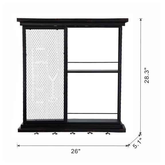 26x5.1x28.3" Black Floating Wine Bar Shelf with Glass Holder and Display Shelves