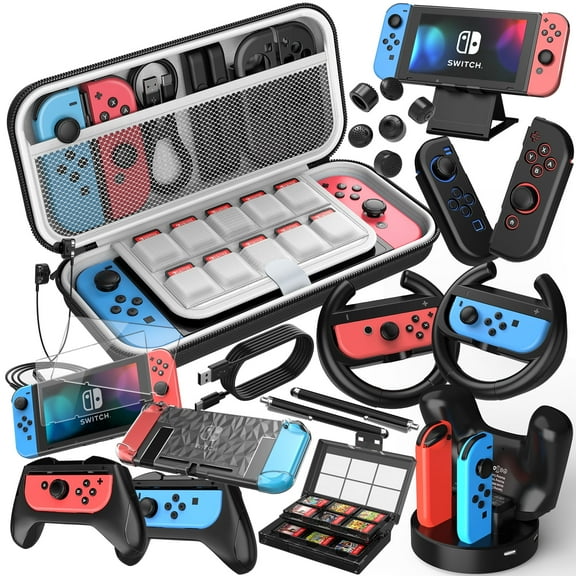 27 in 1 Nintendo Switch Accessories Kit Bundle, Mooroer 2022 Gift Kit with Carrying Case, Dockable Protective Case Cover, Screen Protector, Steering Wheel, Joycon Grip & More (Black)