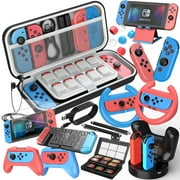 27 in 1 Nintendo Switch Accessories Kit Bundle,Mooroer 2023 Gift Kit with Carrying Case, Dockable Protective Case Cover, Screen Protector, Steering Wheel, Joycon Grip & More (Red&Blue)