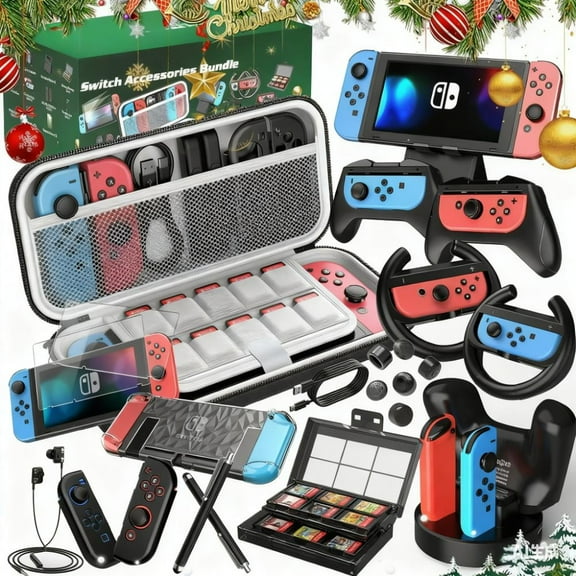 Switch Accessories Bundle Compatible with Nintendo Switch, 27 in 1 Gift Kit with Carrying Case, Dockable Protective Case Cover, Screen Protector, Joycon Grip, Steering Wheel & More (Black)