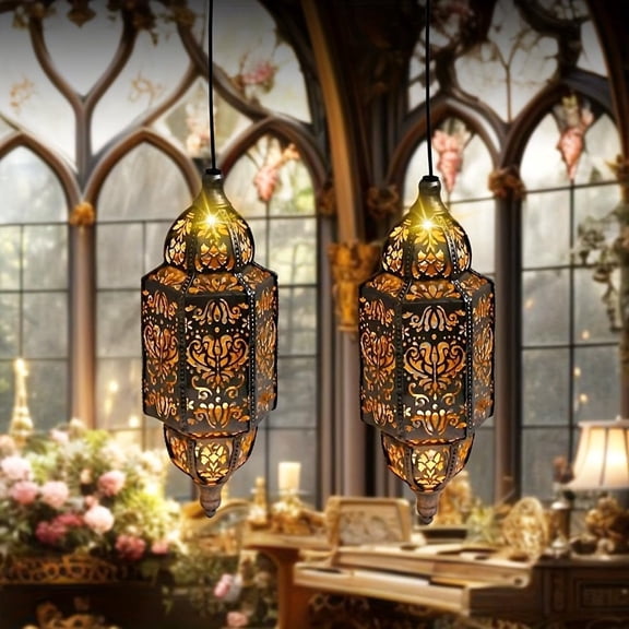 27.17 Inch Solar Lights Outdoor Pendant Light, Iron Hollow Out Projector Lantern, Porch Decorative Lights for Patio, Garden Decoration, Lawn, Deck, Porch