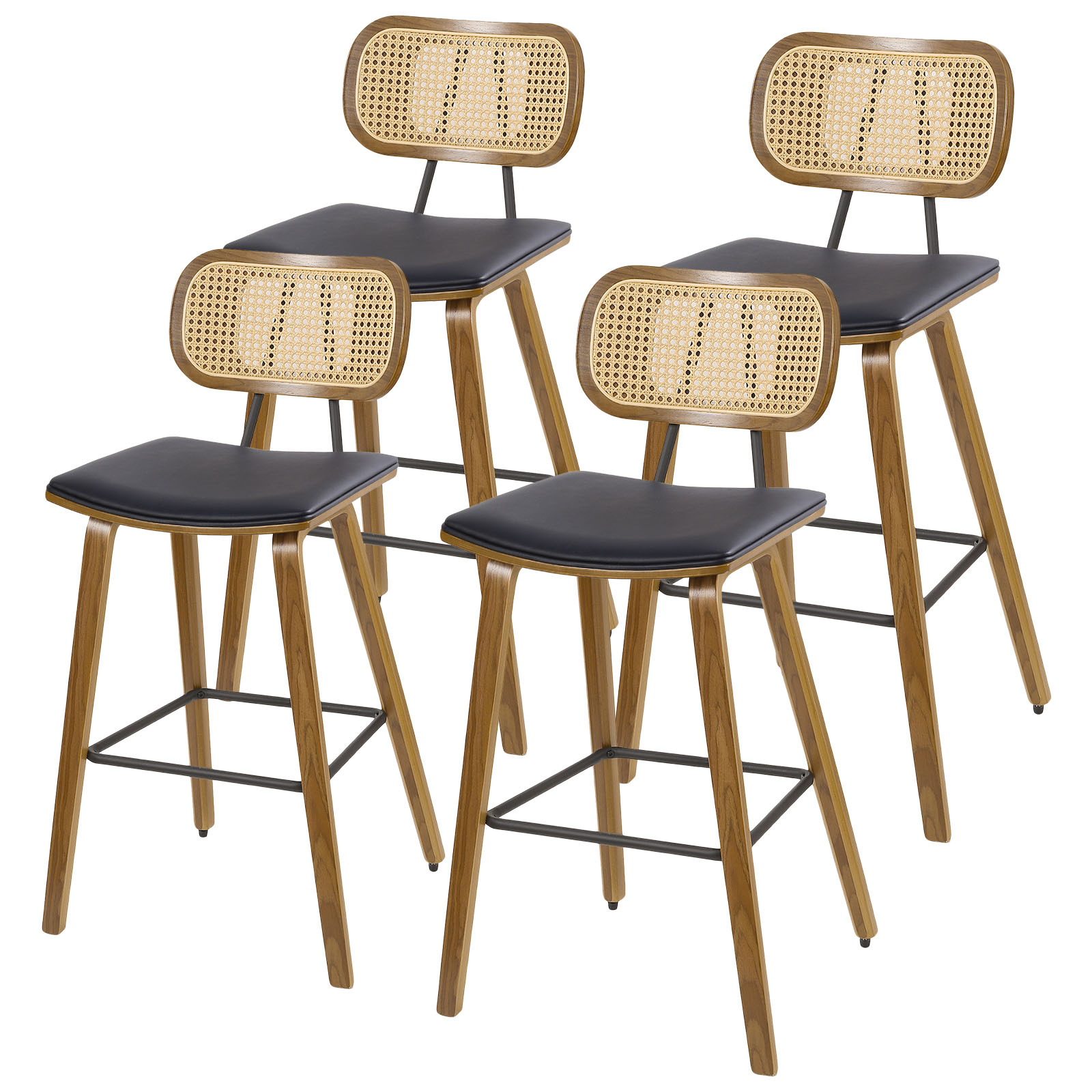 27.2" Counter Height Bar Stools with Rattan Back Set of 4, Mid Century