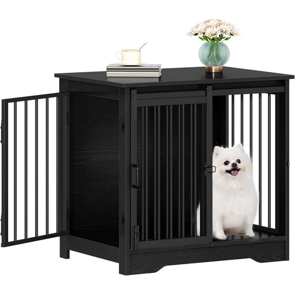 27.2" Dog Crate Furniture with Barn Door, Heavy Duty Dog Kennel Indoor with 2 Doors, Wooden Pet Cage End Table for Small Medium Dogs up to 22 lb, Anti-Chew Anti-Escape, Black DFC84304B