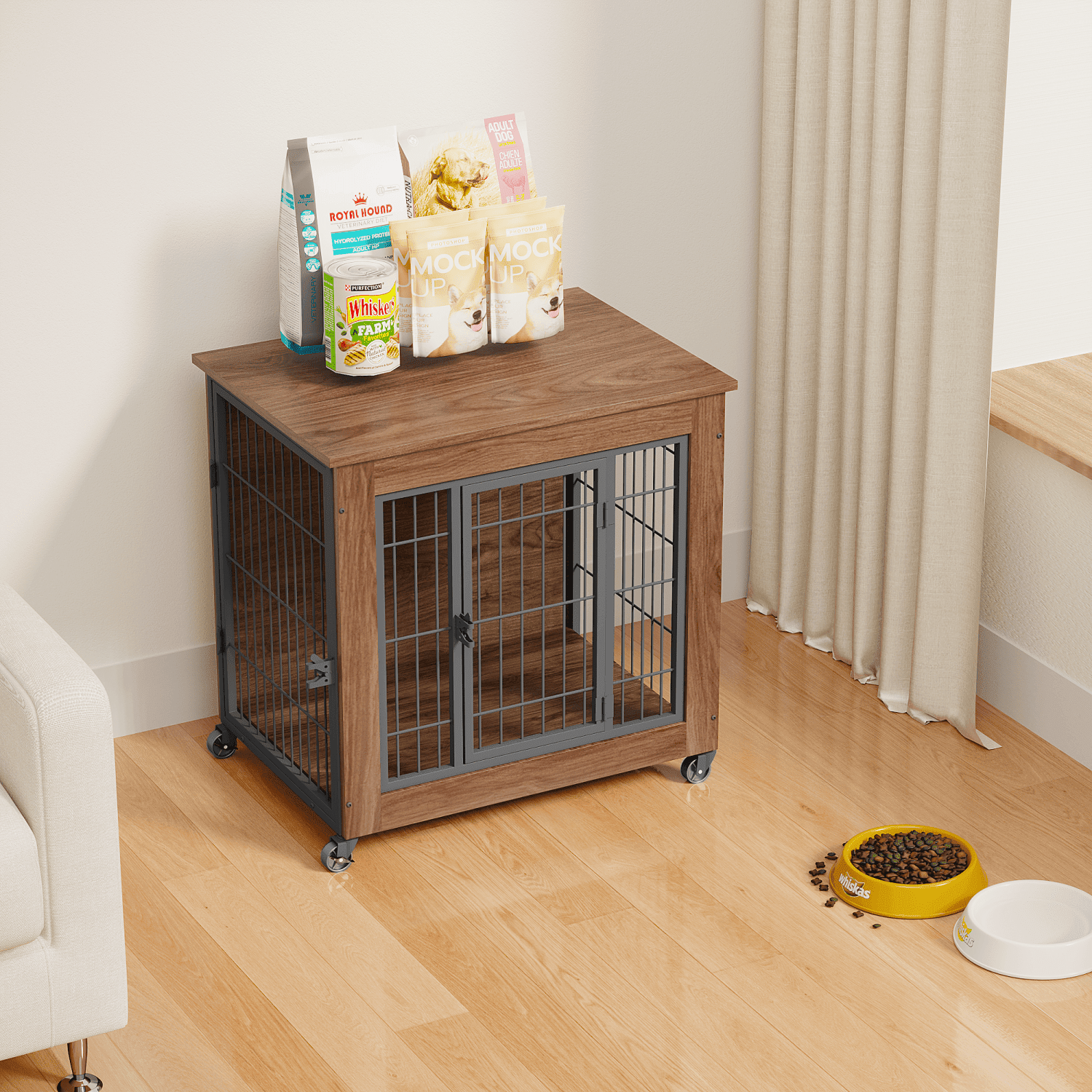 27.2" Dog Crate Furniture with Wheels, Wooden Indoor Pet Kennel End Table, Heavy Duty Double-Door Metal Dog Cage with Brake Casters, Sturdy Breathable Crate for Small Anxious Dogs