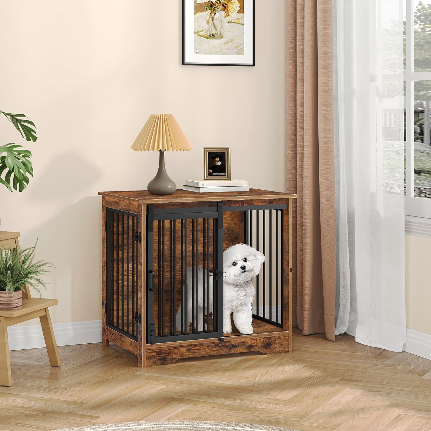 27.2" Dog Crate Furniture with Barn Door, Heavy Duty Wooden Kennel for Small Dogs up to 22 lb, Rustic Brown