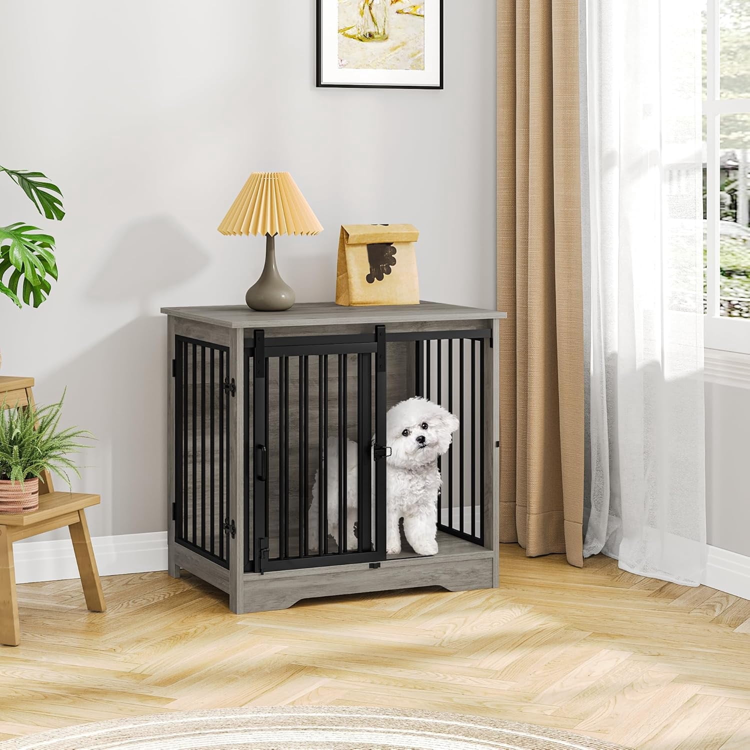 27.2"Dog Crate Furniture with Barn Door,Wooden Pet Cage End Table for Small Medium Dogs up to 22 lb