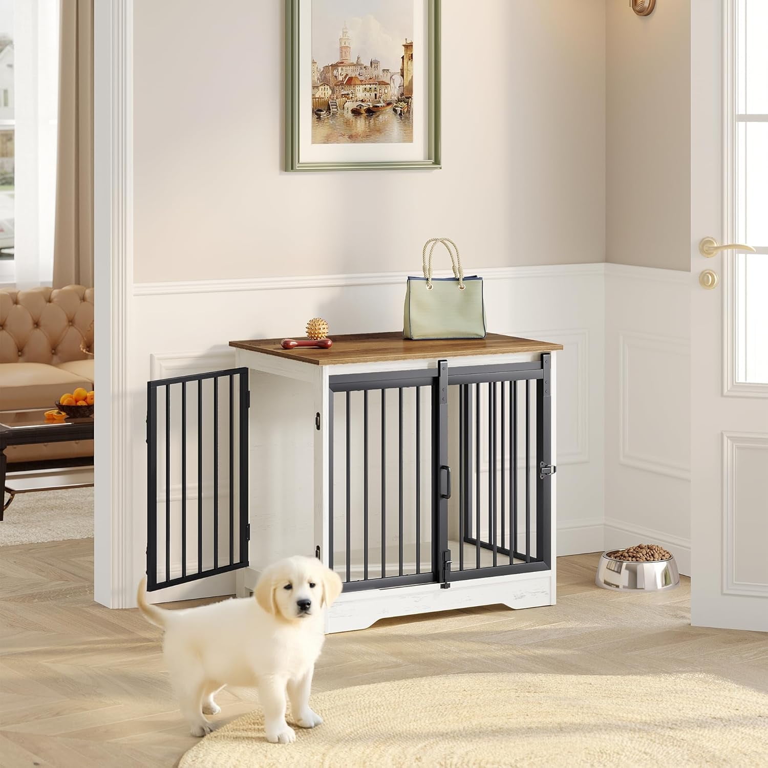 27.2"Dog Crate Furniture with Barn Door,Wooden Pet Cage End Table for Small Medium Dogs up to 22 lb