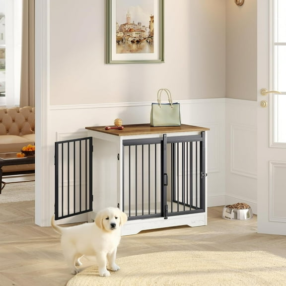 27.2"Dog Crate Furniture with Barn Door,Wooden Pet Cage End Table for Small Medium Dogs up to 22 lb
