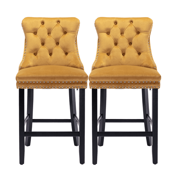 27.2 Inch Counter Height Bar Stools with Tufted Velvet Modern Upholstered Bar Stool with Wood Legs Kitchen Stool Chair Padded Seat, Rivet Trim Button and Back Ring Pull(Gold,Set of 2)