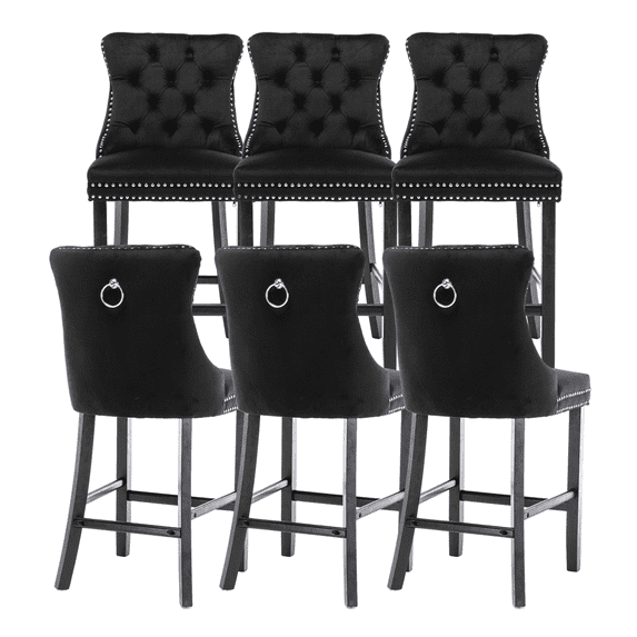 27.2 Inch Counter Height Bar Stools with Tufted Velvet Modern Upholstered Bar Stool with Wood Legs Kitchen Stool Chair Padded Seat, Rivet Trim Button and Back Ring Pull(Black,Set of 6)