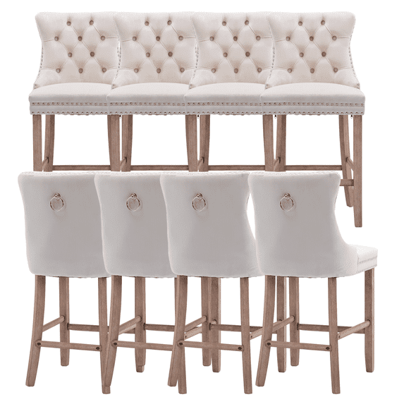27.2 Inch Counter Height Bar Stools with Tufted Velvet Modern Upholstered Bar Stool with Wood Legs Kitchen Stool Chair Padded Seat, Rivet Trim Button and Back Ring Pull(Beige,Set of 8)