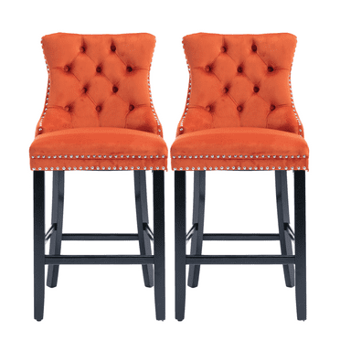 27.2 Inch Counter Height Bar Stools with Tufted Velvet Modern Upholstered Bar Stool with Wood Legs Kitchen Stool Chair Padded Seat, Rivet Trim Button and Back Ring Pull(Orange,Set of 2)
