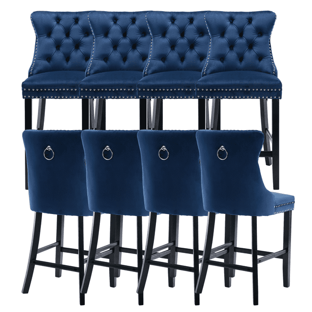 27.2 Inch Counter Height Bar Stools with Tufted Velvet Modern Upholstered Bar Stool with Wood Legs Kitchen Stool Chair Padded Seat, Rivet Trim Button and Back Ring Pull(Blue,Set of 8)