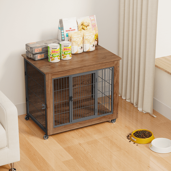 27.2 Inch Furniture Style Dog Crate with Lockable Wheels, Heavy Duty Steel Double Door Indoor Dog Kennel End Table for Small Anxious Dogs, Brown Particle Board Pet Cage