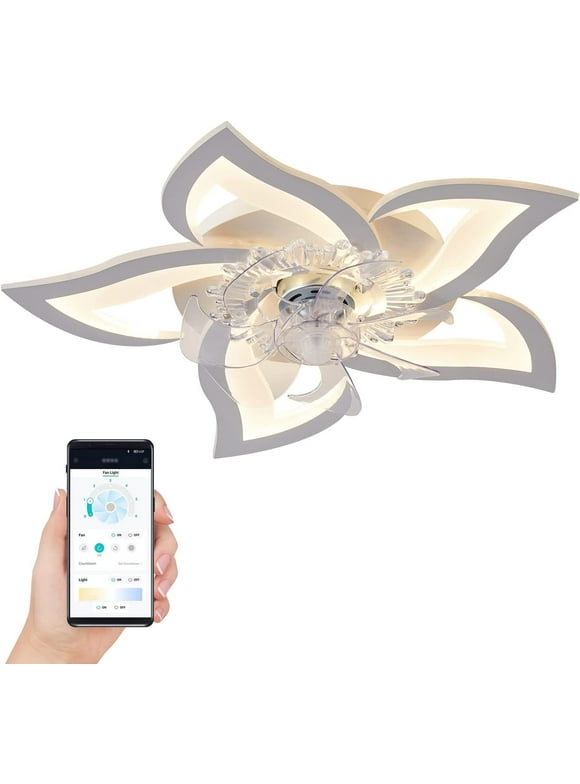 27.2" Smart Ceiling Fan with Lights Remote APP Control, Modern Flush Mount Bladeless Ceiling Fan, 3 Color 6 Speeds Low Profile Ceiling Fan with Light for Bedroom Living Room Kitchen - White