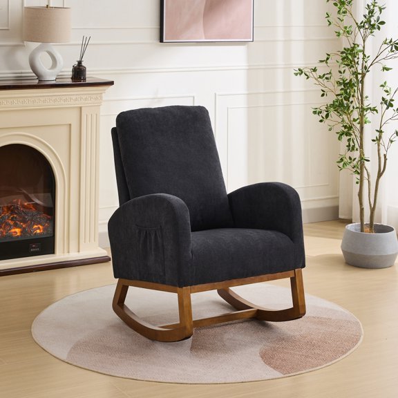 27.2"W Rocking Accent Chair for Nursery, Sherpa Glider Rocker Chair with High Back and Side Pocket, Rocking Accent Armchair with Rubber Wood Legs for Living Room Bedroom